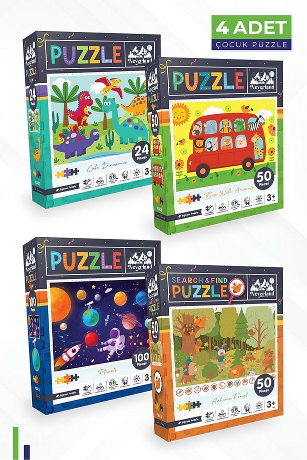4'lü Çocuk Puzzle - 24 P. Sevimli Dinozorlar Ve Otobüs Ve 100 P. Gezegenler Ve 50 P. Sonbahar Ormanı - 1