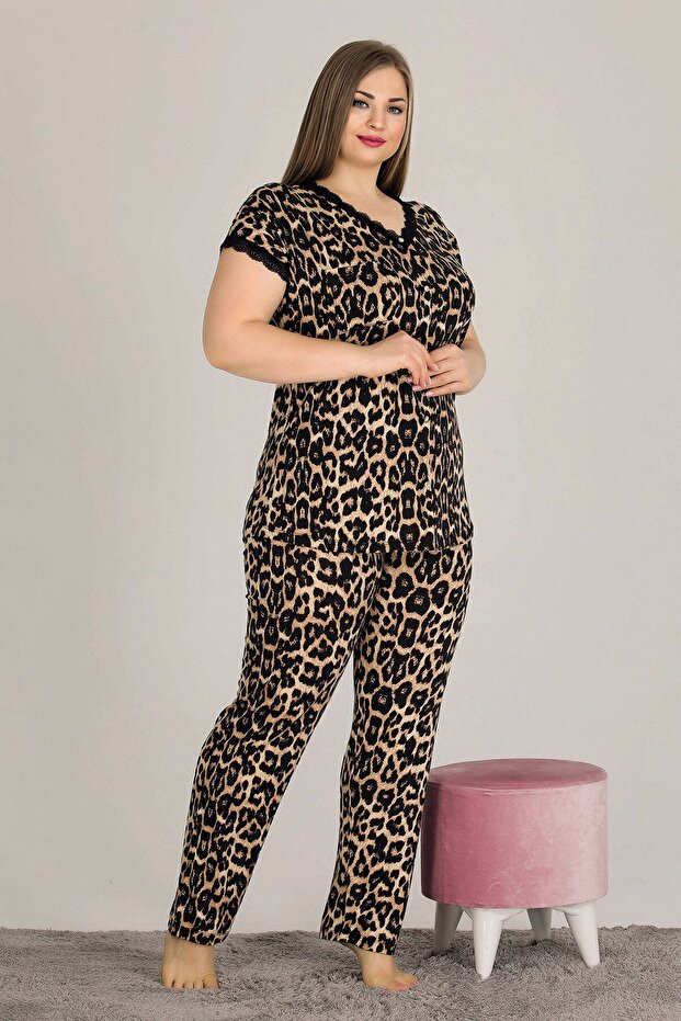 Cotton & Viscose Short Sleeve, Leopard Pattern, Battal Size, Shirt Collar Women's Pajama Set