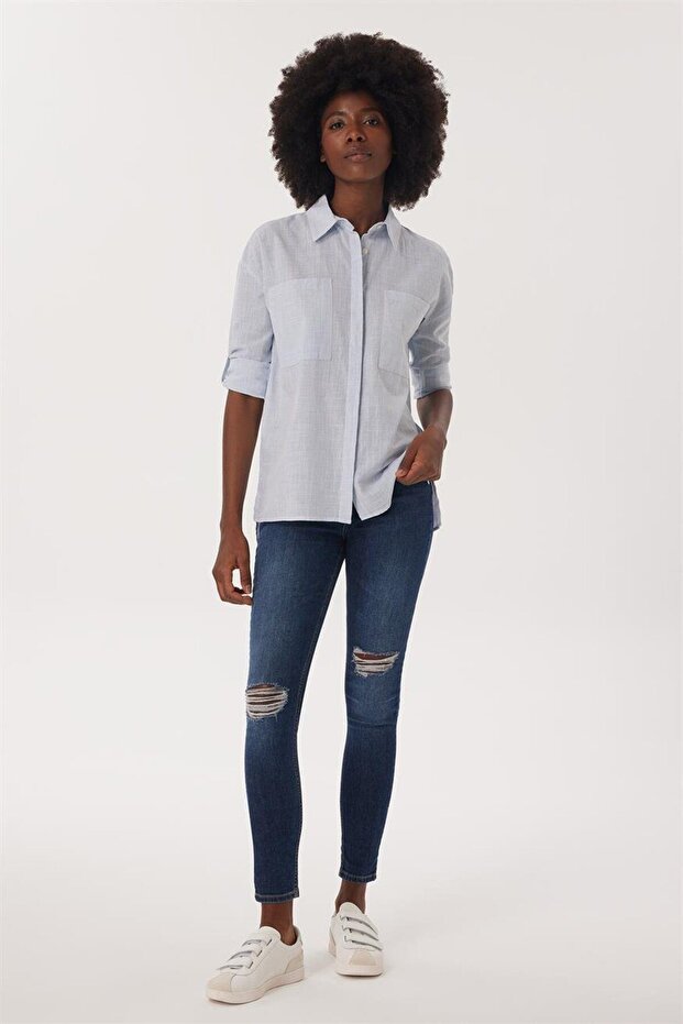 Mındy Kadın Dokuma Gömlek Mavi - 1