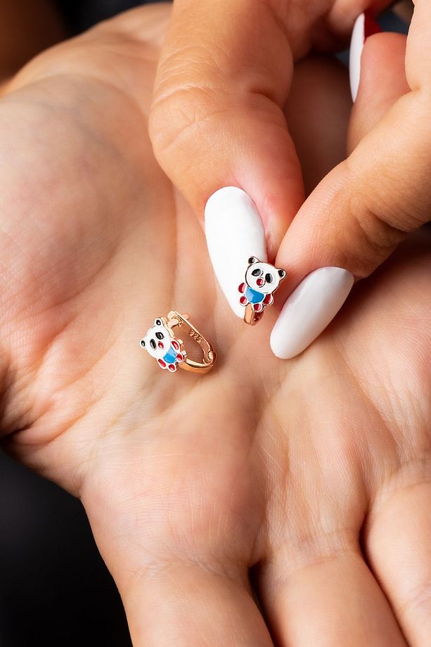 Kız Çocuk Panda Figürlü Gümüş Küpe Klipsli Model Mineli (2 - 8 YAŞ) - 1