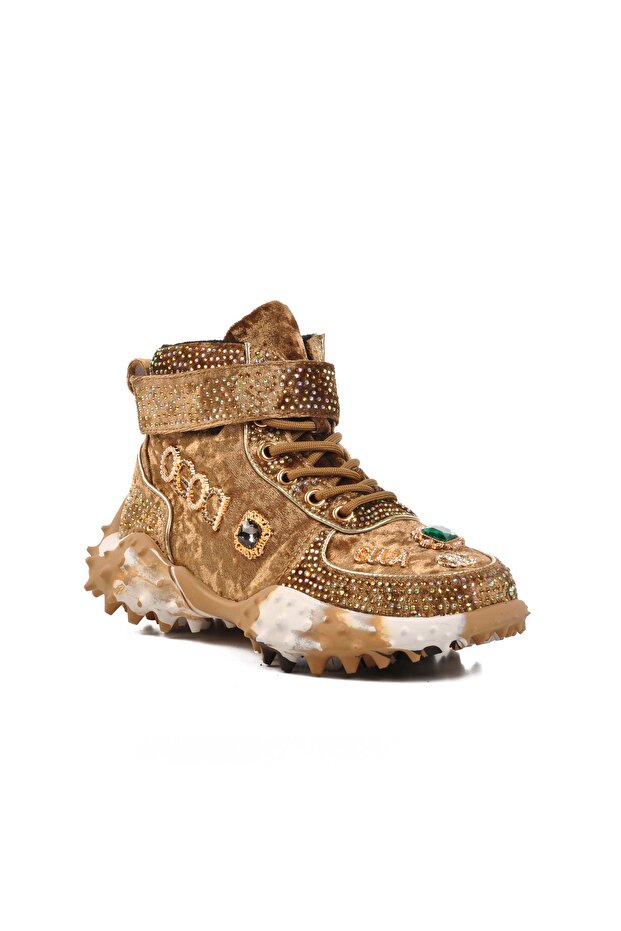 24K351 Taşlı İşlemeli Camel Kadın Bot - 3