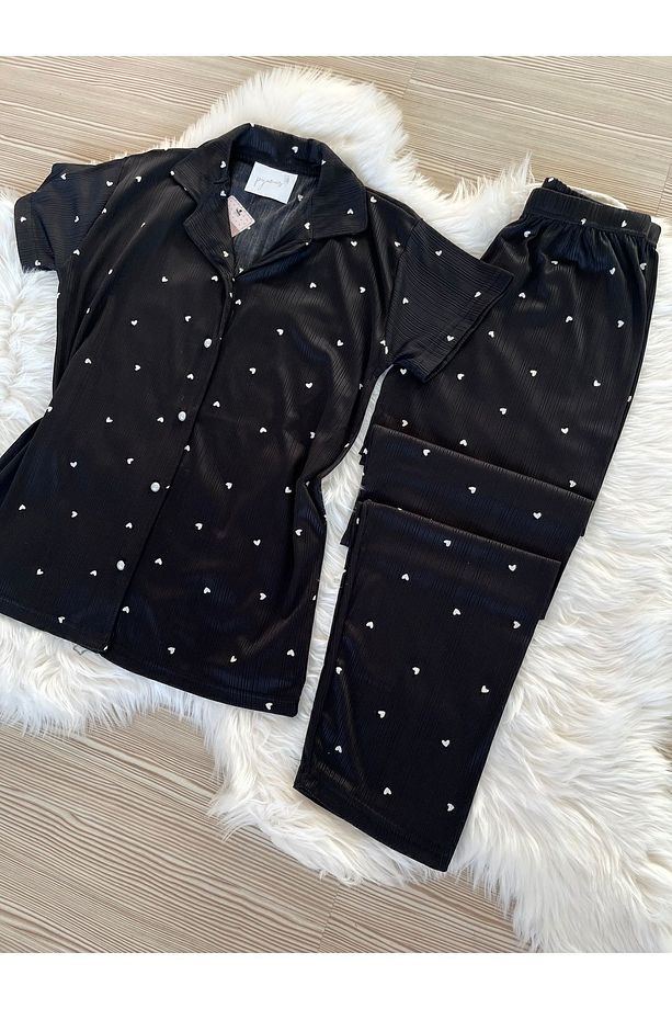 Siyah Kalp Desenli Pegasus Kısa Kol Pijama Takımı - 8