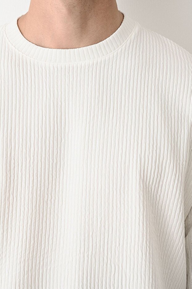 Erkek Oversize Ekru Fitilli Sweatshirt - 2