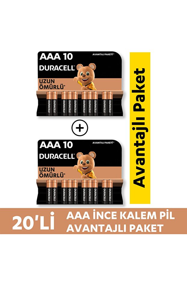 Duracell Alkalin AAA İnce Kalem Pil, 1,5V (LR03 / MN2400), 20'li Paket