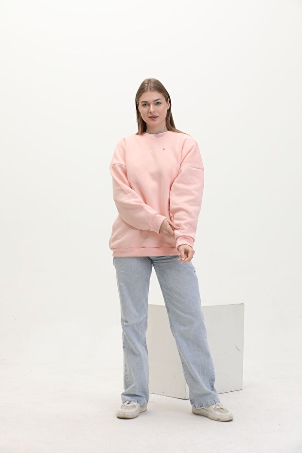 Toz Pembe Unisex Oversize Örme Basıc Sweatshirt - 3