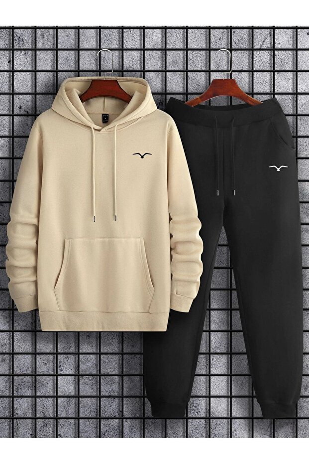 Seagull Eagle Bottom Top Front Printed Hoodie Oversize Ecru Sweatshirt with Black Tracksuit Bottom Top Set