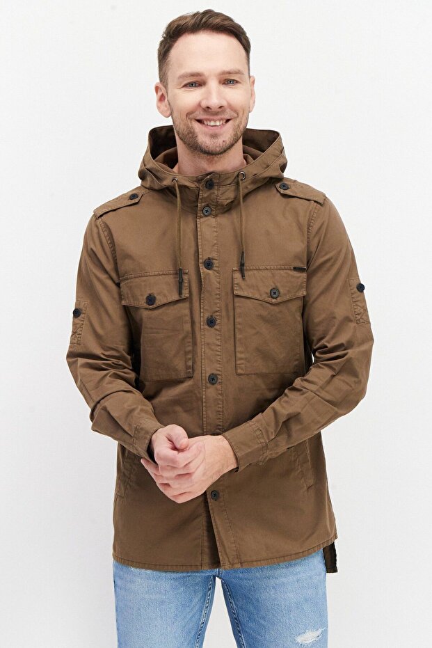 Men Solid Jacket Shirt, Khaki - 1