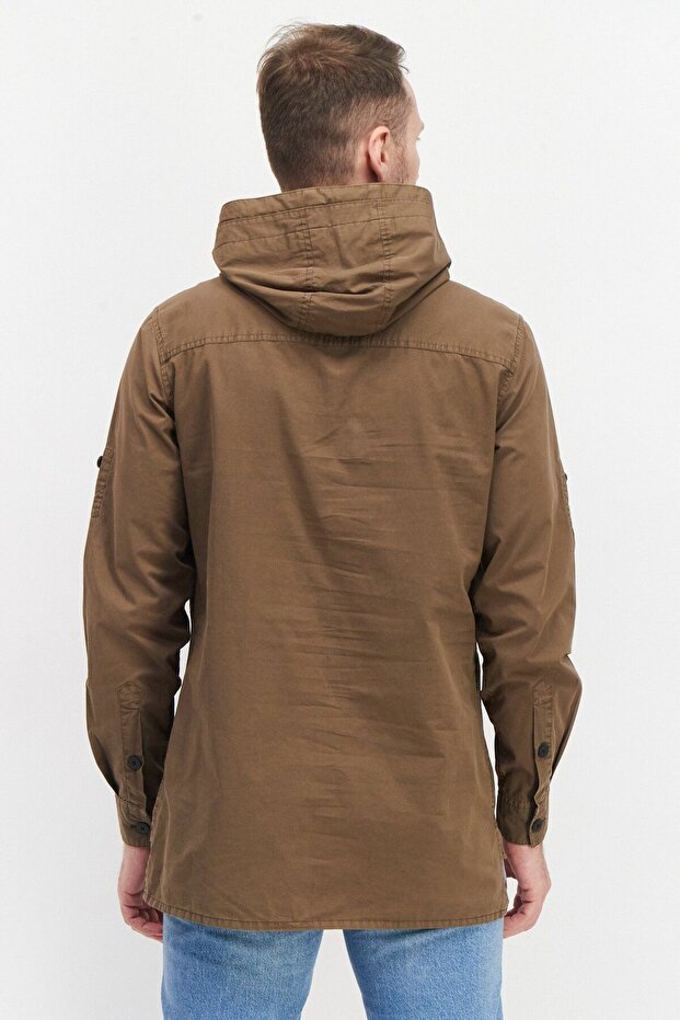 Men Solid Jacket Shirt, Khaki - 4