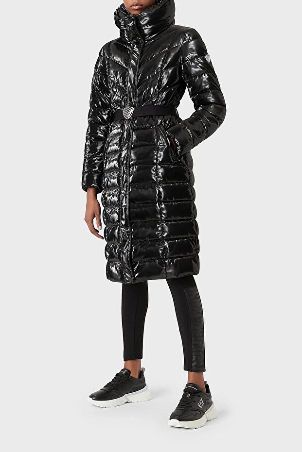 Logo Regular Fit Shiny Look Pocket Belted Long Coat 6ltl04 Tnauz 1200