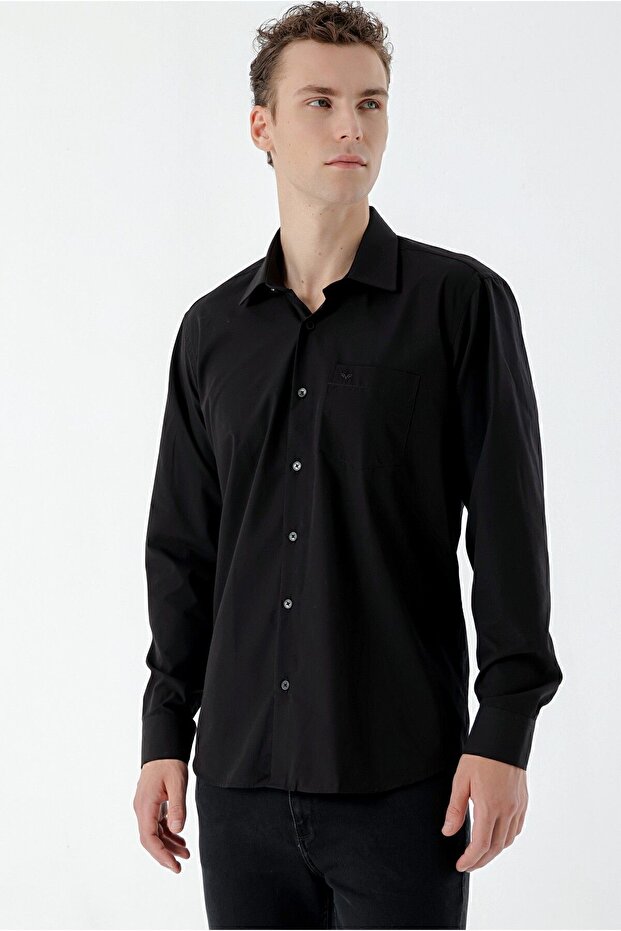 Erkek Siyah Basic Cepli Regular Fit Gömlek - 2