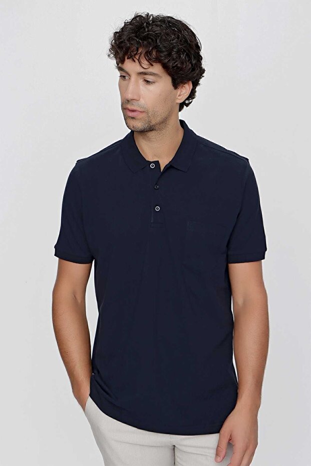 Men's Navy Blue Basic Plain 100% Cotton Oversize Wide Cut Short Sleeve Polo Neck T-Shirt
