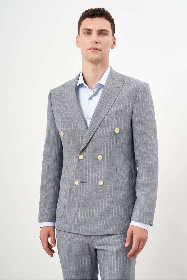 Erkek Lacivert Keten Trend Kruvaze Slim Fit Sivri Yaka Takım Elbise - 5