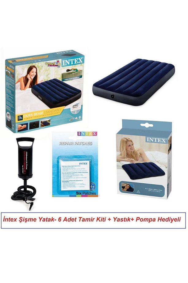Tek Kişilik Şişme Yatak 6 Adet Yama+ Pompa+ Yastık Set 99x191x25 - 1