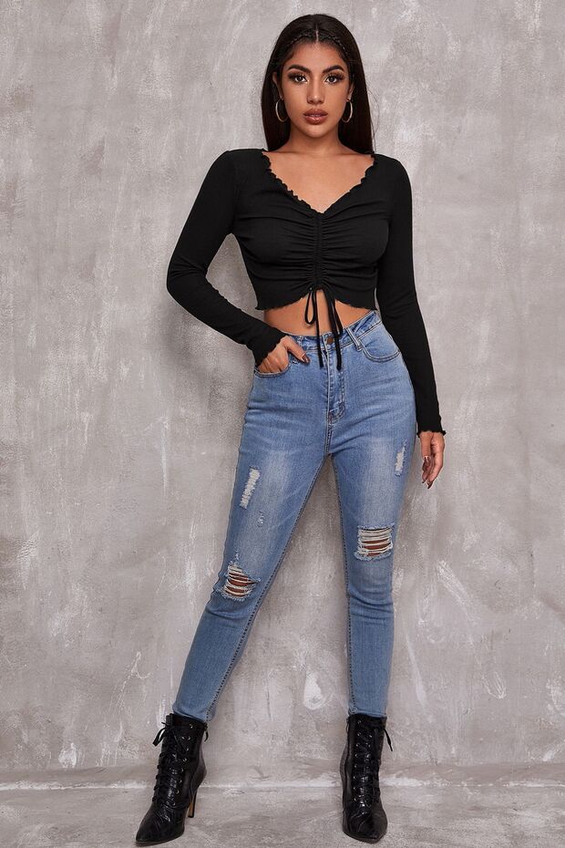 Kadın Siyah Uzun Kollu Büzdürme Bağcık Detaylı Crop Top Bluz - 4