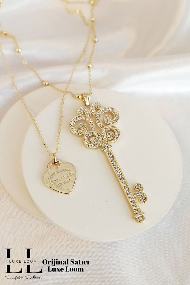 Women's Gold Zircon Stone Long Key Small Heart Detailed Double Layer Necklace 008