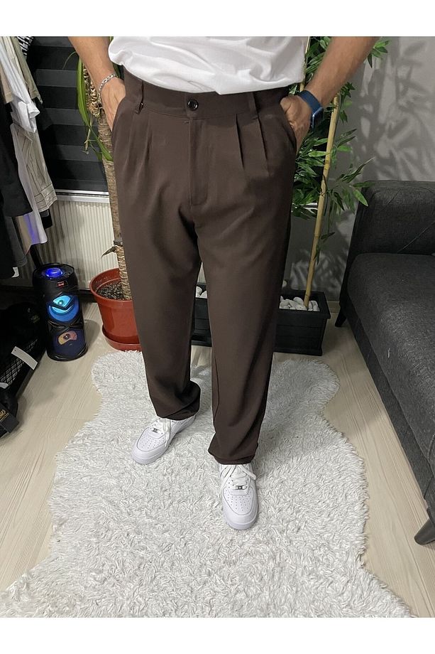Acı Kahve Pileli Baggy Kumaş Pantolon - 1