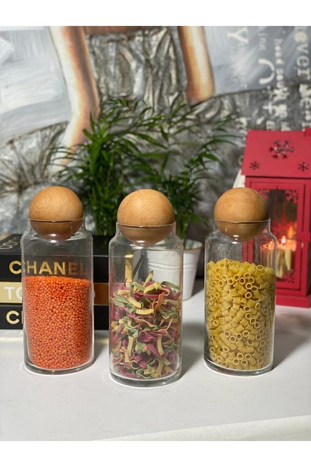 Ahşap Top Kapaklı Cam Kavanoz Seti 3'lü 1200ml-1200ml-1200ml - 1