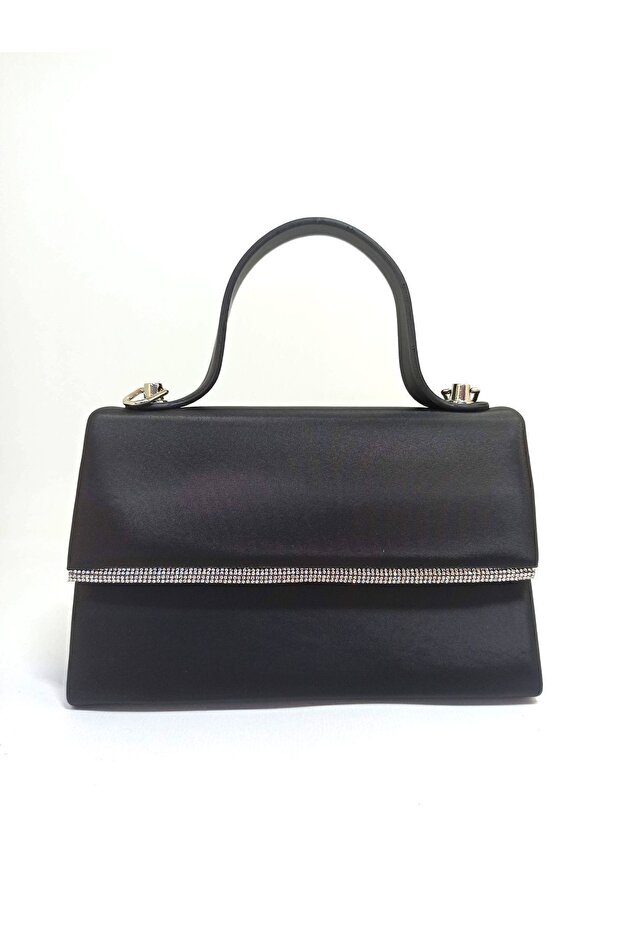 Women's black satin fabric mini evening bag with silver stone accessories
