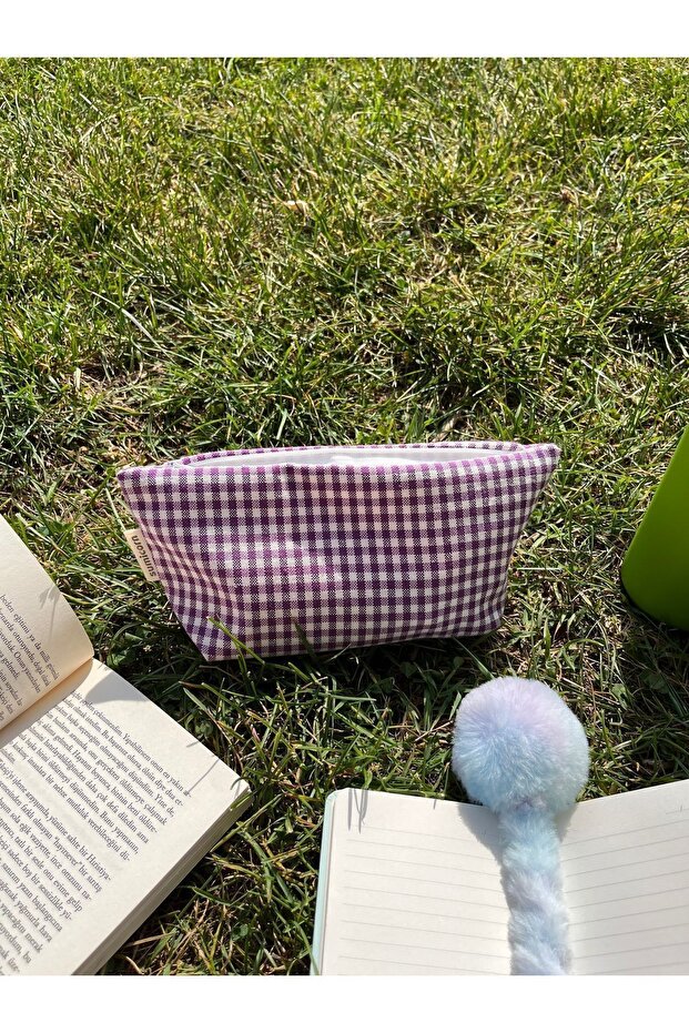 Purple Gingham Washable Zippered Single Compartment Cloth Pen Holder Pencil Case Wallet Makeup Bag