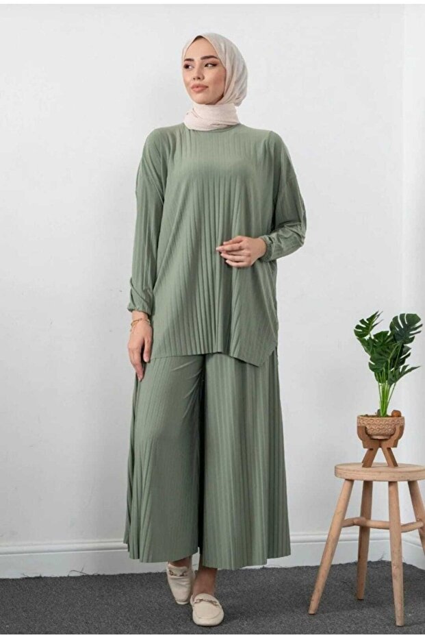 Wonderful Full Pleated Wide Leg Trousers and Tunic Sandy Set