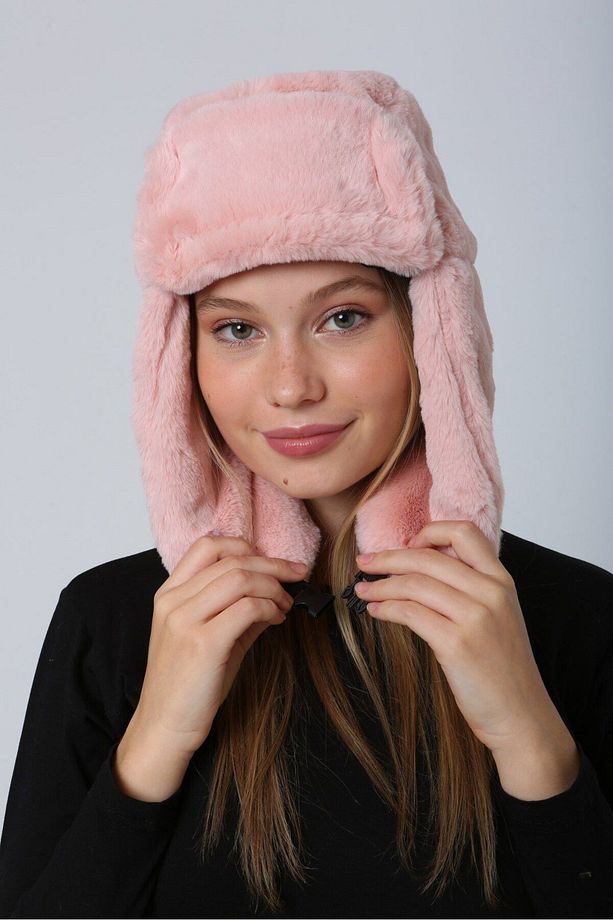 Pembe Peluş Kulaklık Bere - Yumuşak Tüylü Doku Ile Soğuk Hava Için Rahat Şapka Bere1127 - 4