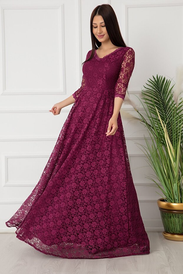 Kristy 3810-2 V Yaka Dantel Uzun Elbise - 3