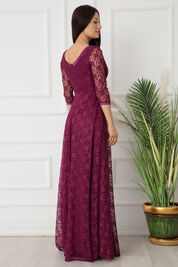 Kristy 3810-2 V Yaka Dantel Uzun Elbise - 4