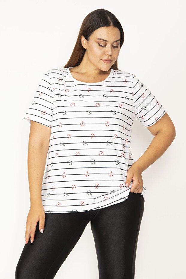 Women's White Large Size Cotton Fabric Marine Patterned Crew Neck Short Sleeve Blouse 65n35769