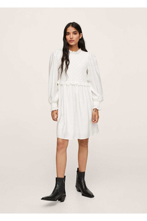 Kadın Ekrü Dokuma Modal Elbise - 2