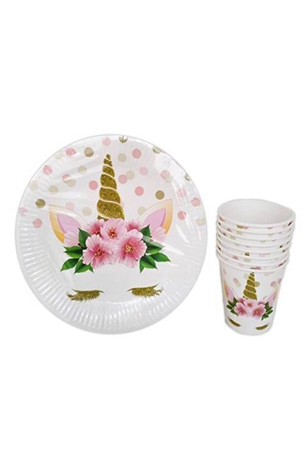 Çiçekli Işıltılı Model Unicorn Temalı 8 Li Karton Tabak Bardak Set - 1