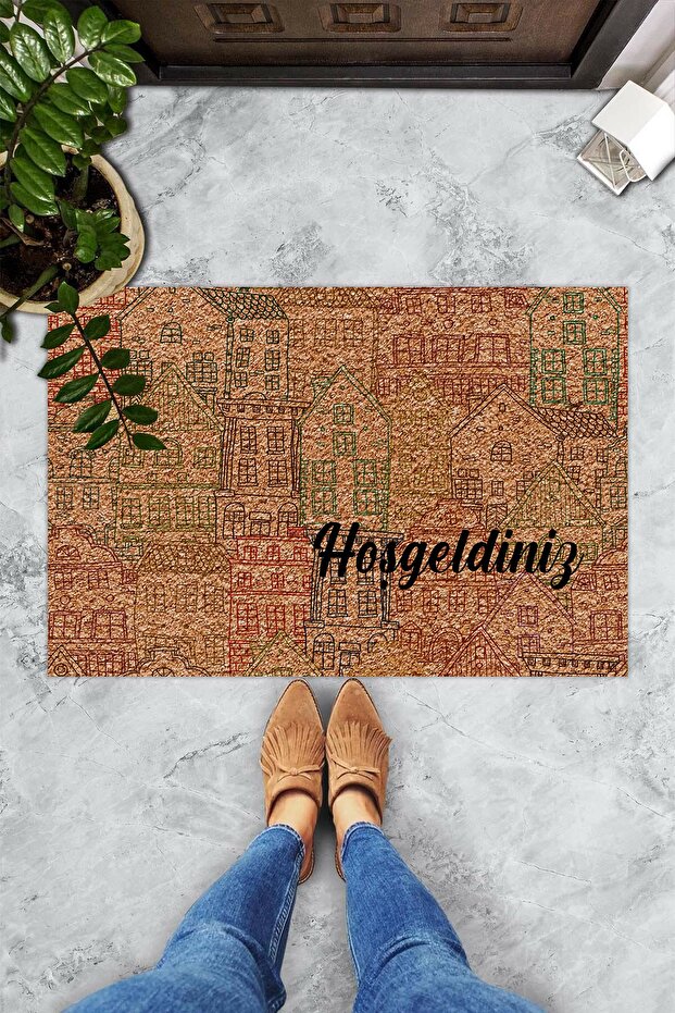 Renkli Evler Hoş Geldiniz Dekoratif Kapı Önü Paspası - 1