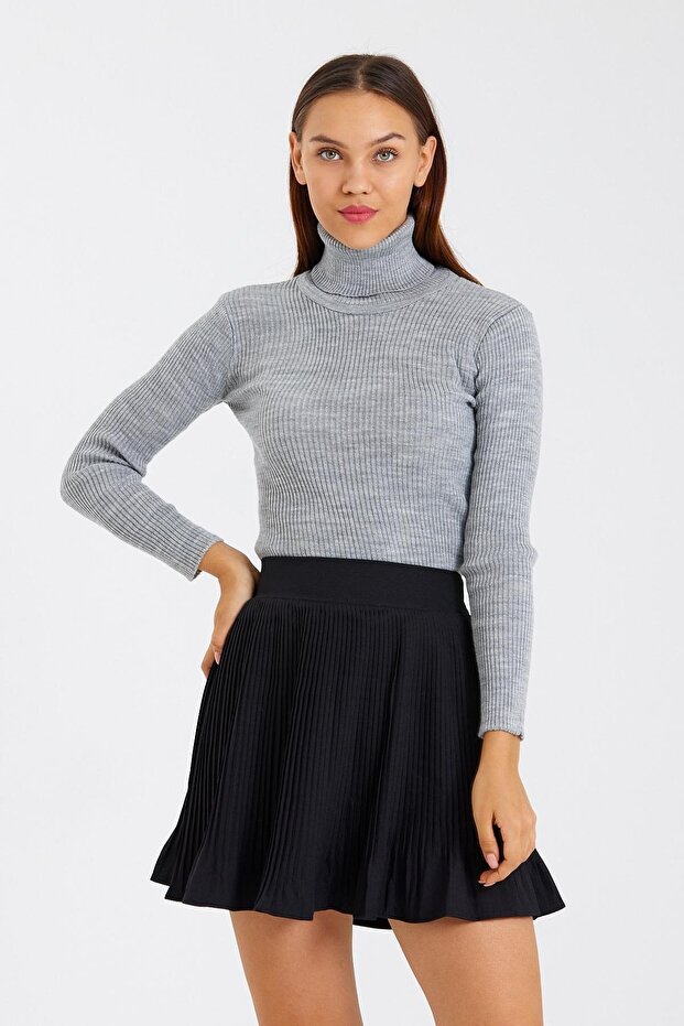 High-Necked Turtleneck Ribbed Wool Women's Gray Melange Knitwear Sweater