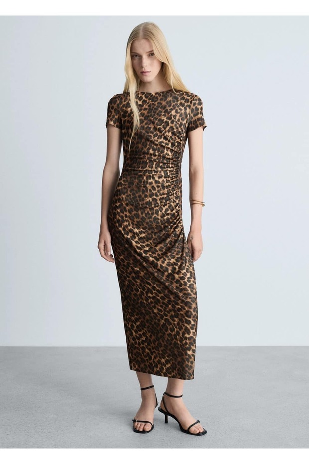 Büzgü Detaylı Leopar Desenli Elbise - 2