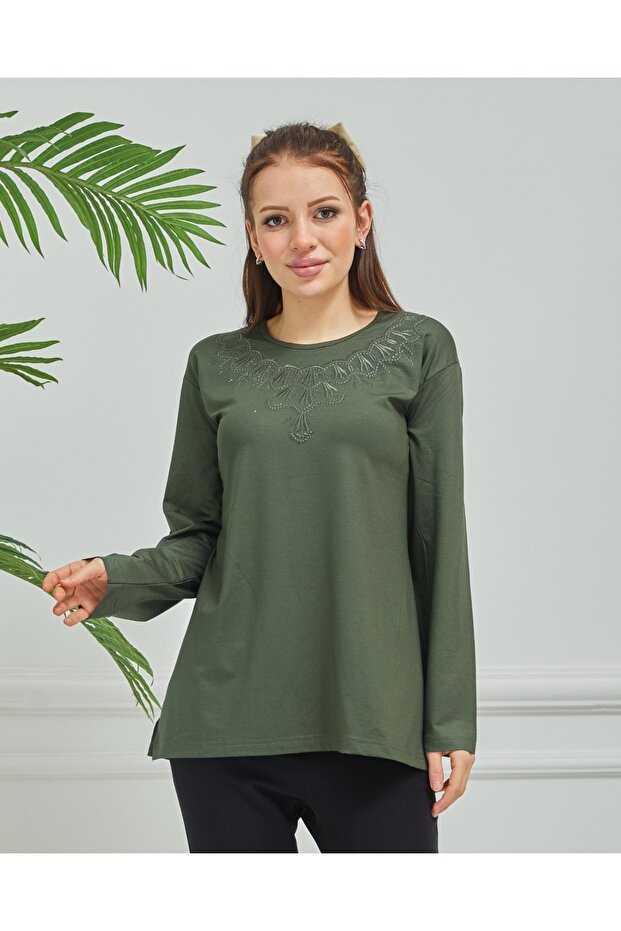 Women's Khaki Embroidered Casual Middle Age Mother Combed Cotton Blouse