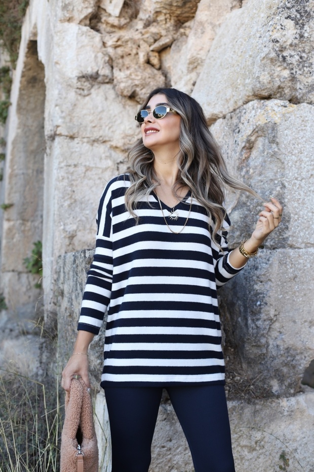 Navy Blue White Striped Bat Model Soft Blouse