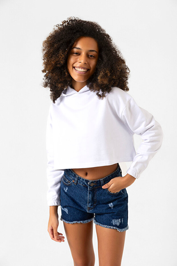 Basic Optik Beyaz Kapüşonlu Crop Sweatshirt - 3