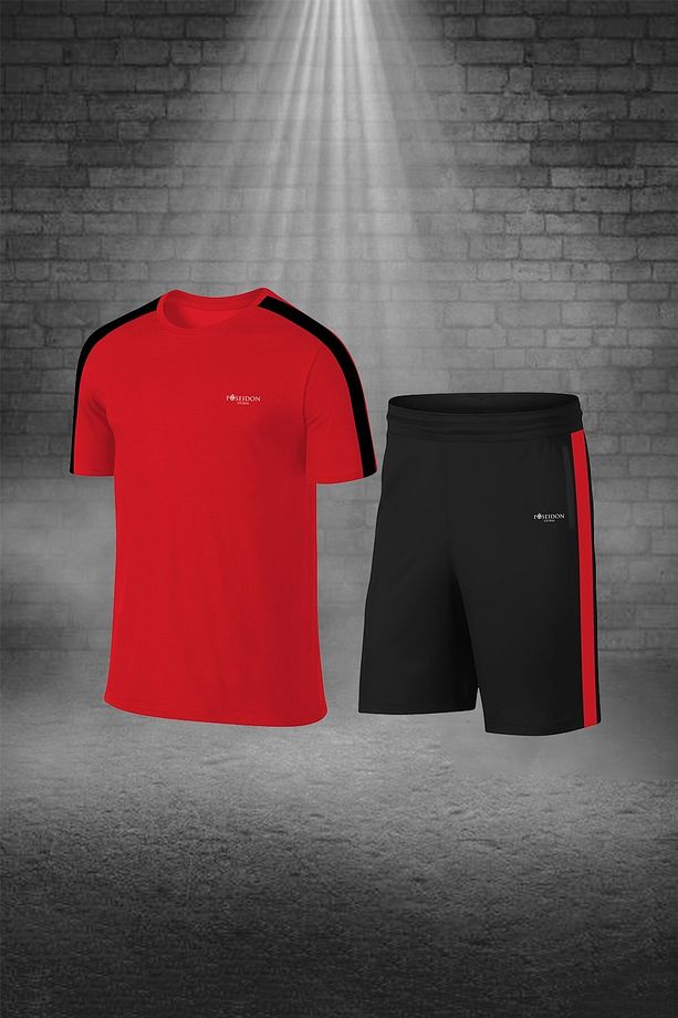 Over Size Erkek Kırmızı Dri-fit Kumaş Baskısız Bisiklet Yaka Kısa Kol Konforlu Alt Üst Takım Şort Ti - 1