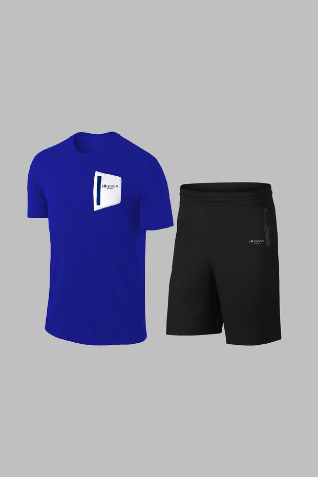 Over Size Men's Blue Dri-Fit Comfortable Pocket Short Sleeve T-Shirt Shorts Two-Piece Set for Training and Running