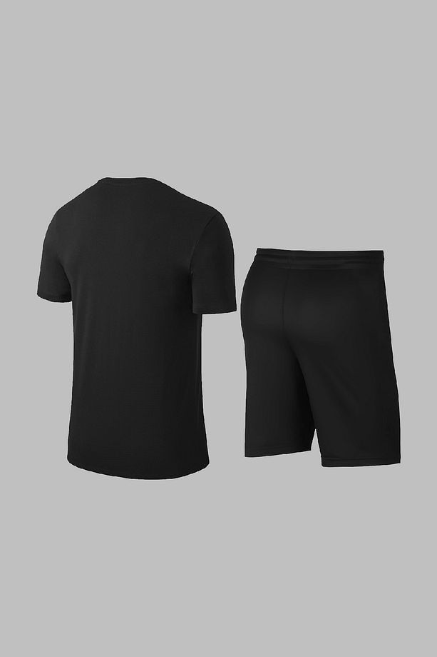 Over Size Erkek Siyah Dri-Fit Kumaş Baskısız Yuvarlak Yaka Kısa Kol Tişört Şort Alt Üst Takım   (4XL - 4