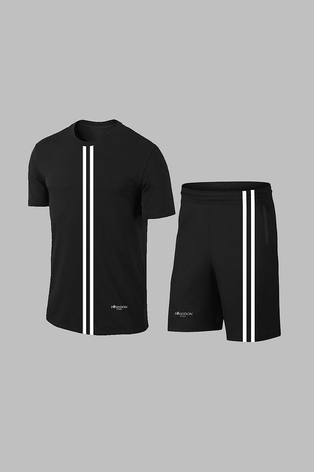 Over Size Erkek Siyah Dri-Fit Kumaş Baskısız Yuvarlak Yaka Kısa Kol Tişört Şort Alt Üst Takımı  (4XL - 1