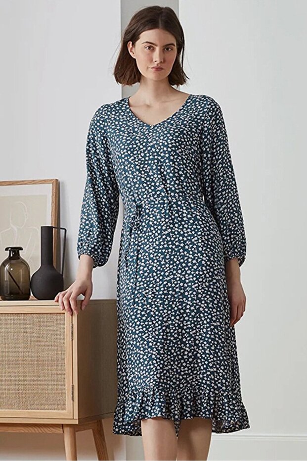 Women Printed Long Sleeve Midi Dress, Navy