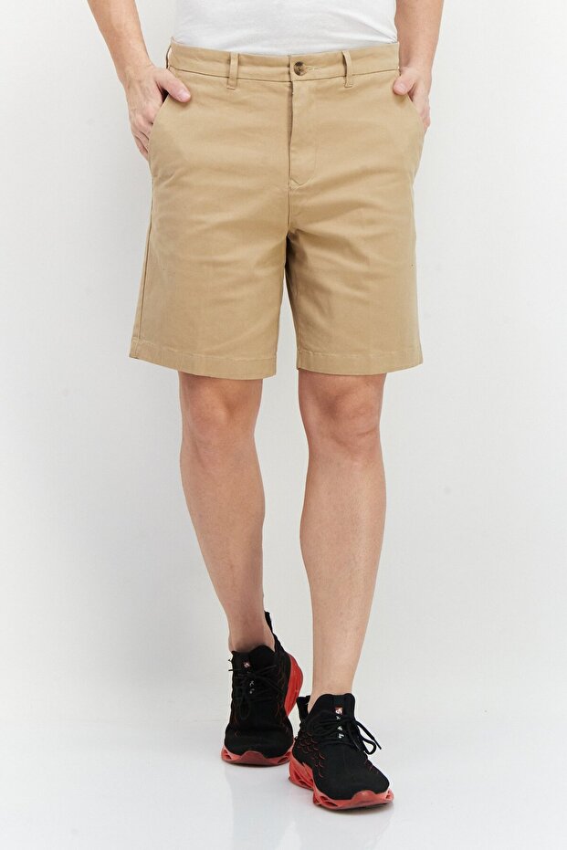 Men Solid Basic Short, Tan - 1