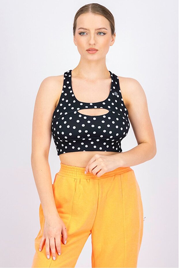 Kadın Dolgusuz Polka Dots Spor Sütyeni، Siyah Kombo