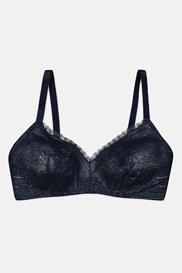 Women Non Padded Wireless Metallic Bra, Navy Blue
