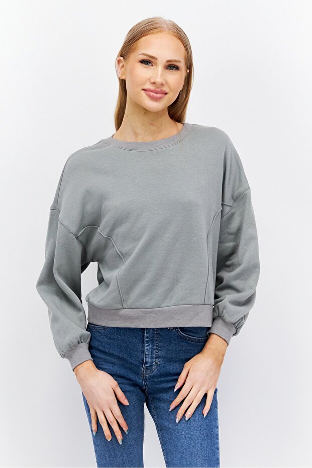 Women Round Neck Long Sleeve Plain Sweatshirt, Sage