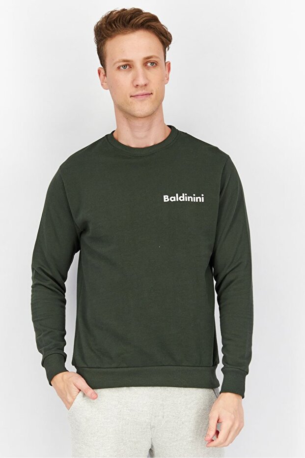Men Crew Neck Long Sleeve Brand Logo Sweatshirts, Dark Green and White