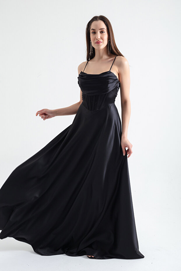 Women's Black Thin Strap Back Rope Lacing Detailed Evening Dress