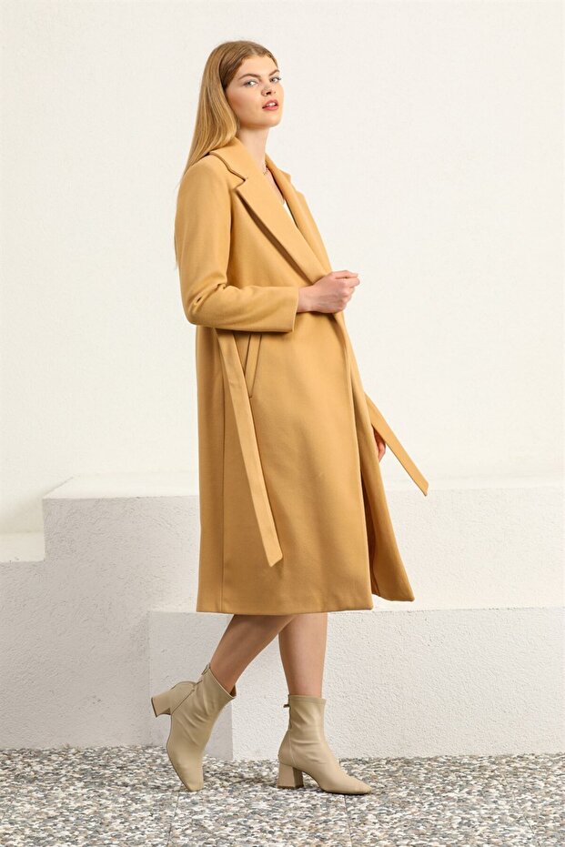 Kemerli Camel Kaşe Palto - 6
