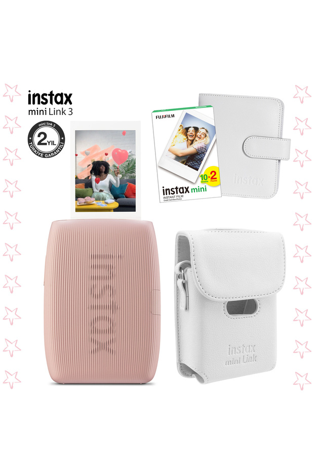Fujifilm Instax Mini Link 3 Pembe Akıllı Telefon Yazıcısı Beyaz Çanta Deri Albüm Ve 20'li Mini Film