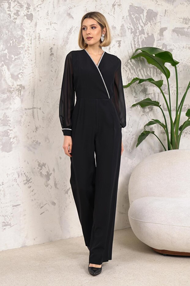 Şerit Aksesuarlı Siyah Tulum - 8